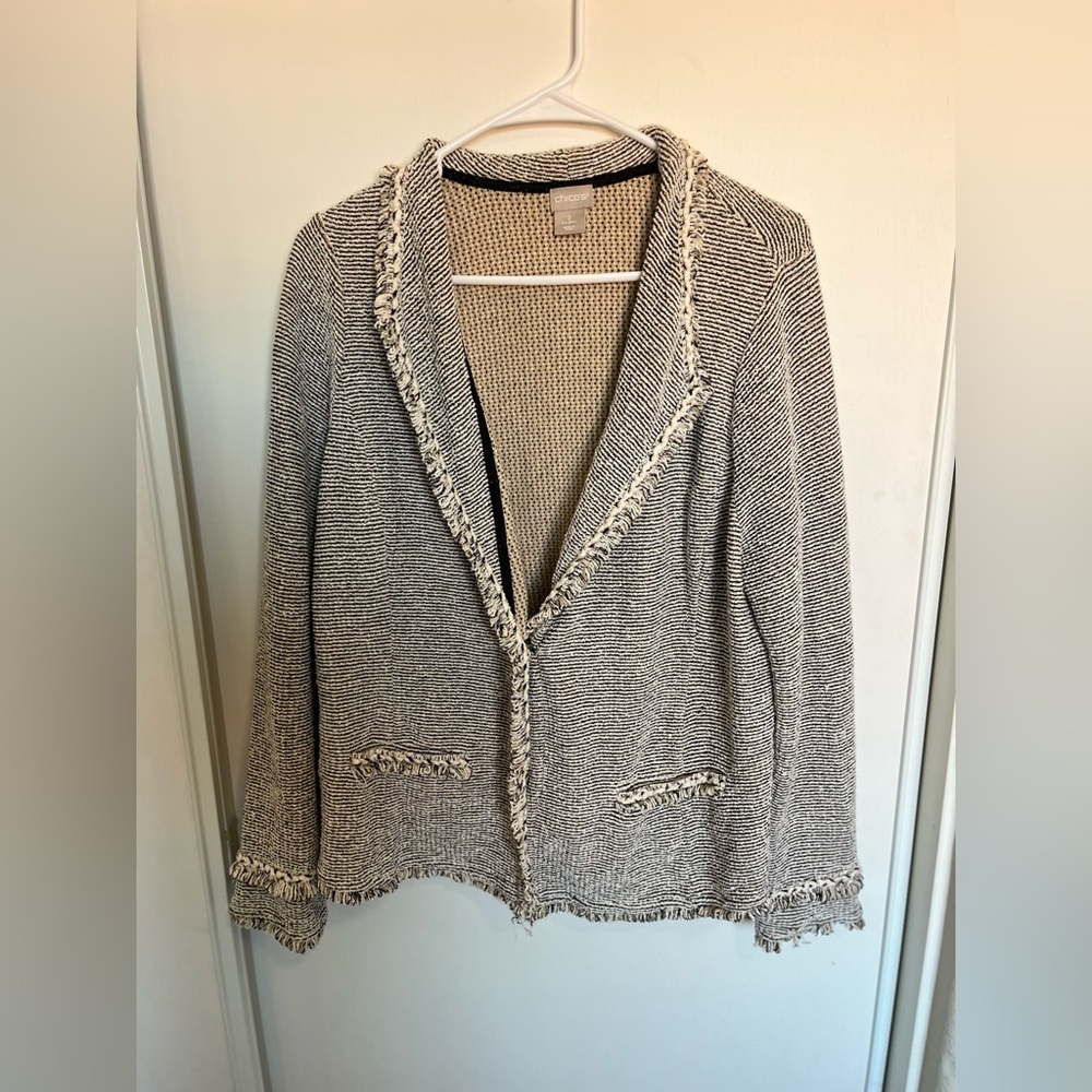 Woman CHICO’S Black White Tweed Fray Edge One Button Jacket Sz 2 Large EUC